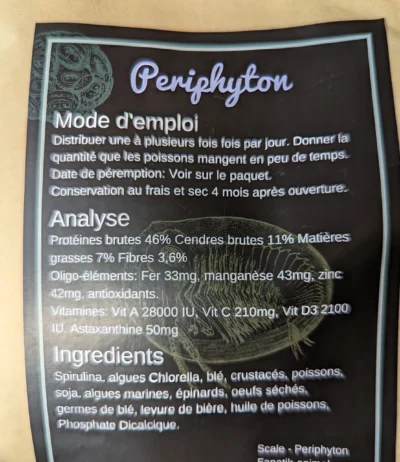 Nourriture-poissons-Scale- Periphytion-fiche-technique Nourriture granulés Discus Scale Périphyton et pour autres poissons